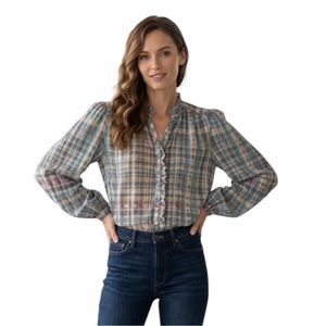 Joie Jindrah Gathered Printed Cotton Ruffle Neck Top - Size Small